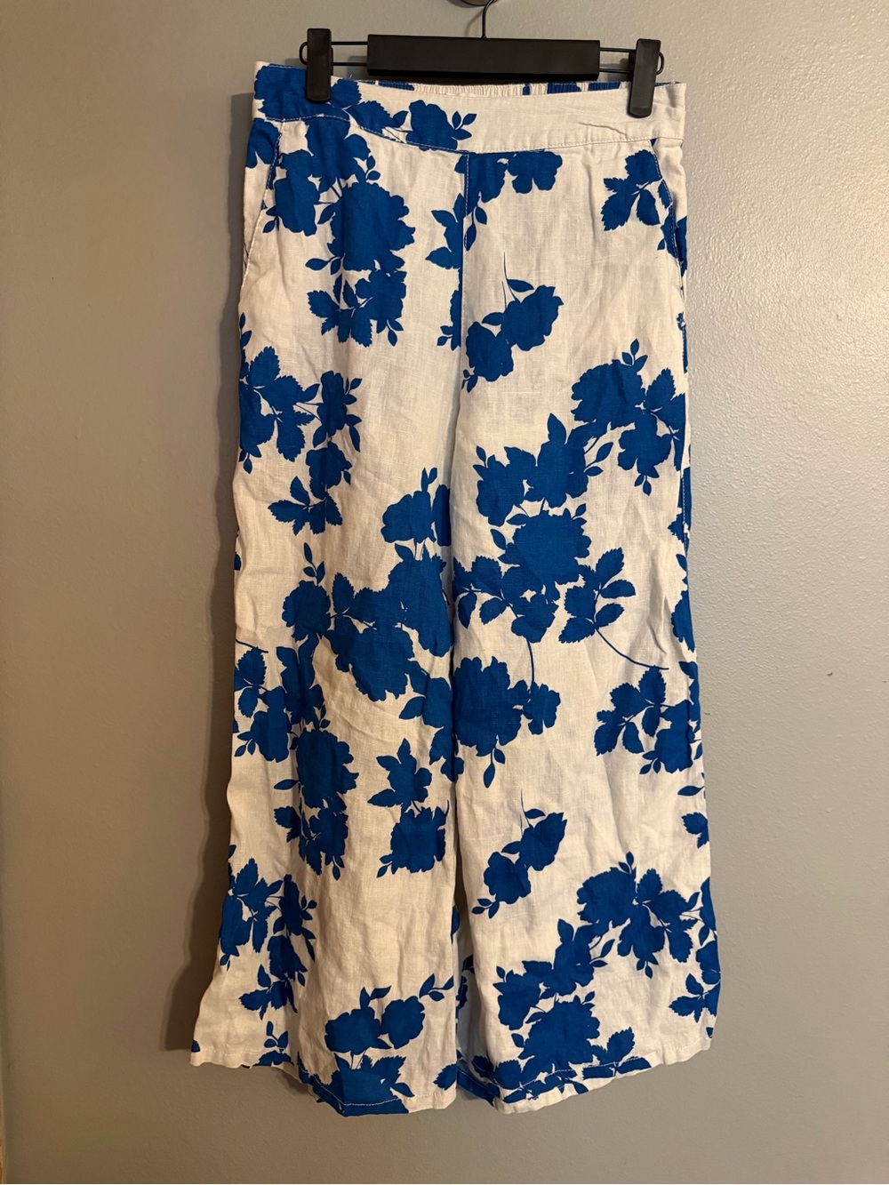 Cynthia Rowley 100% Linen Blue Floral Wide Leg Pants